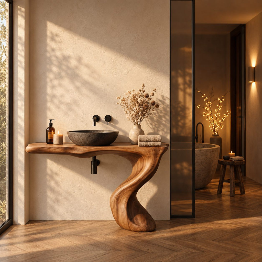Wave Leg Bathroom Vanity 30-60 Inch, Wall Mounted Live Edge Top on One Smooth Sculpted S-Curve Leg