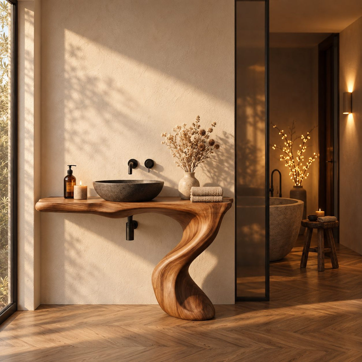 Wave Leg Bathroom Vanity 30-60 Inch, Wall Mounted Live Edge Top on One Smooth Sculpted S-Curve Leg