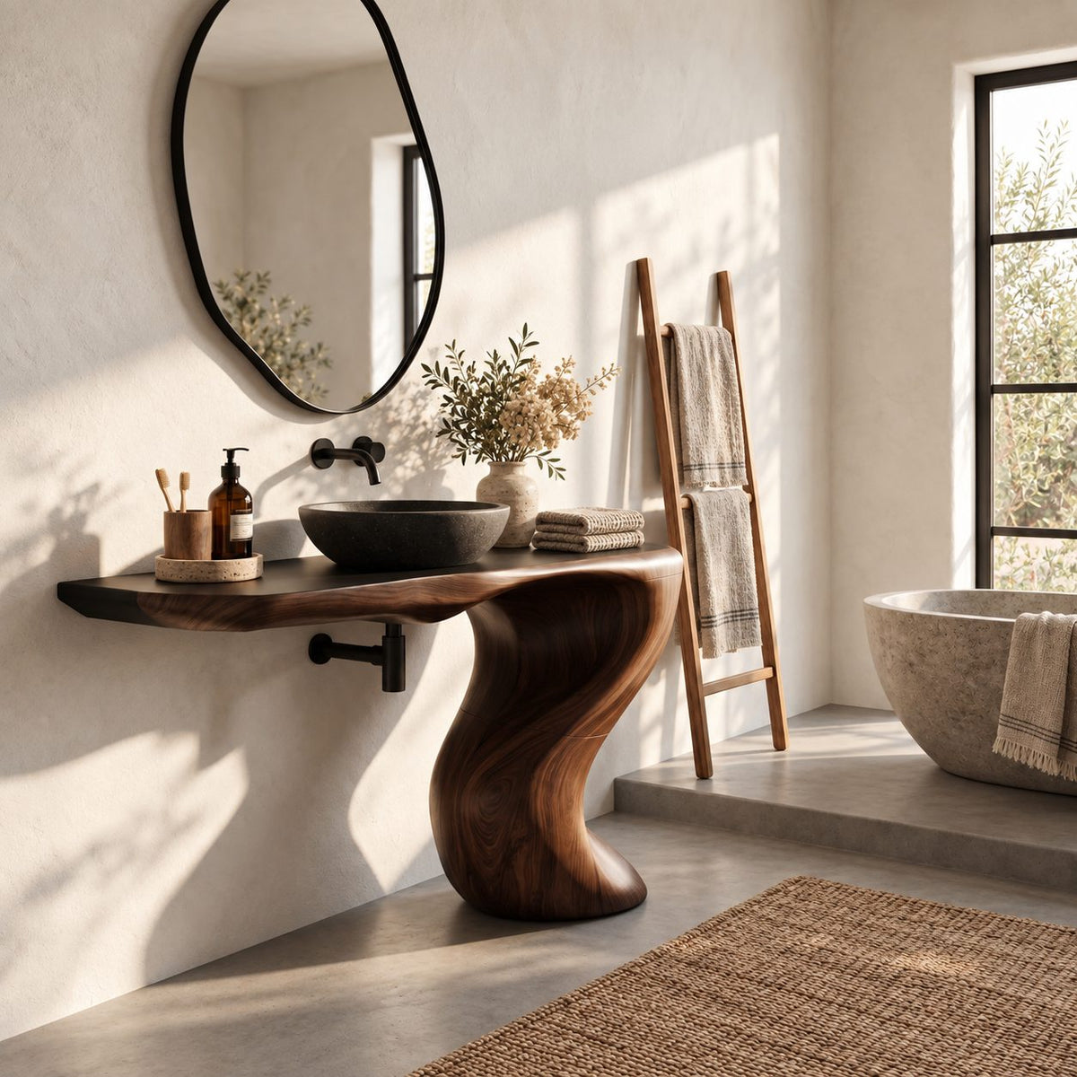 Wave Leg Bathroom Vanity 30-60 Inch, Wall Mounted Live Edge Top on One Smooth Sculpted S-Curve Leg