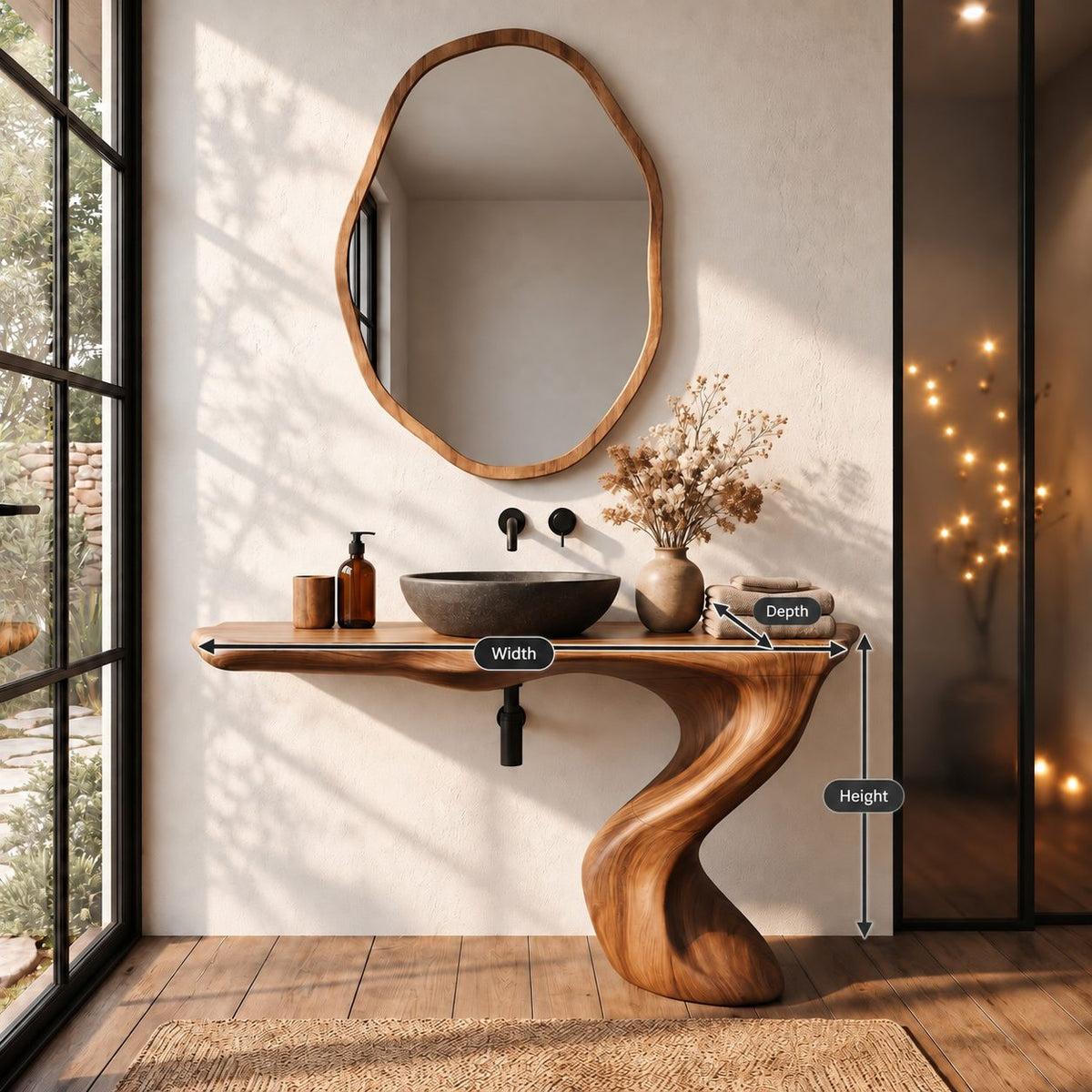 Wave Leg Bathroom Vanity 30-60 Inch, Wall Mounted Live Edge Top on One Smooth Sculpted S-Curve Leg