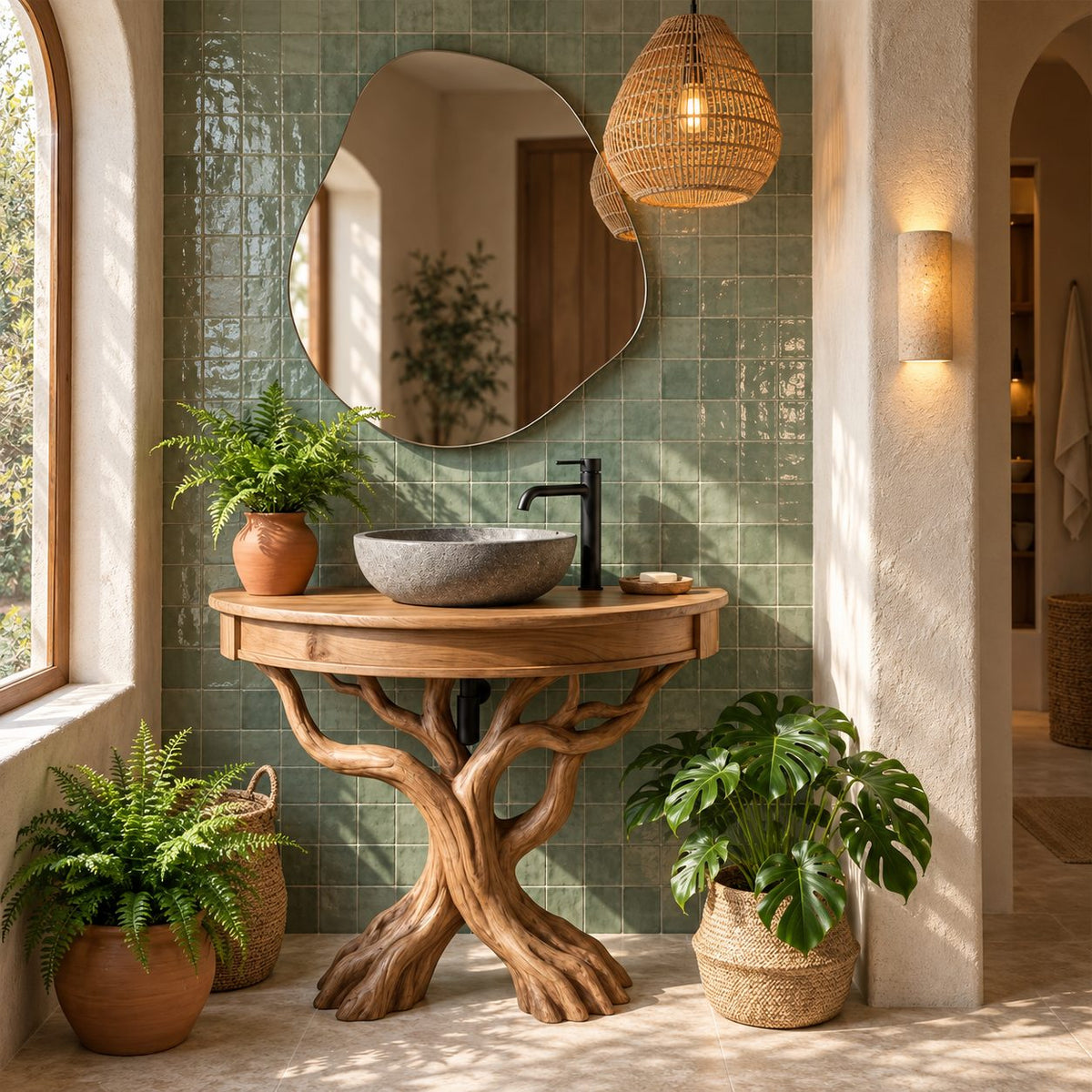 Curved Front Tree Bathroom Vanity 41-47 Inch, Apron Top on Crossed Branch Legs with Root Feet