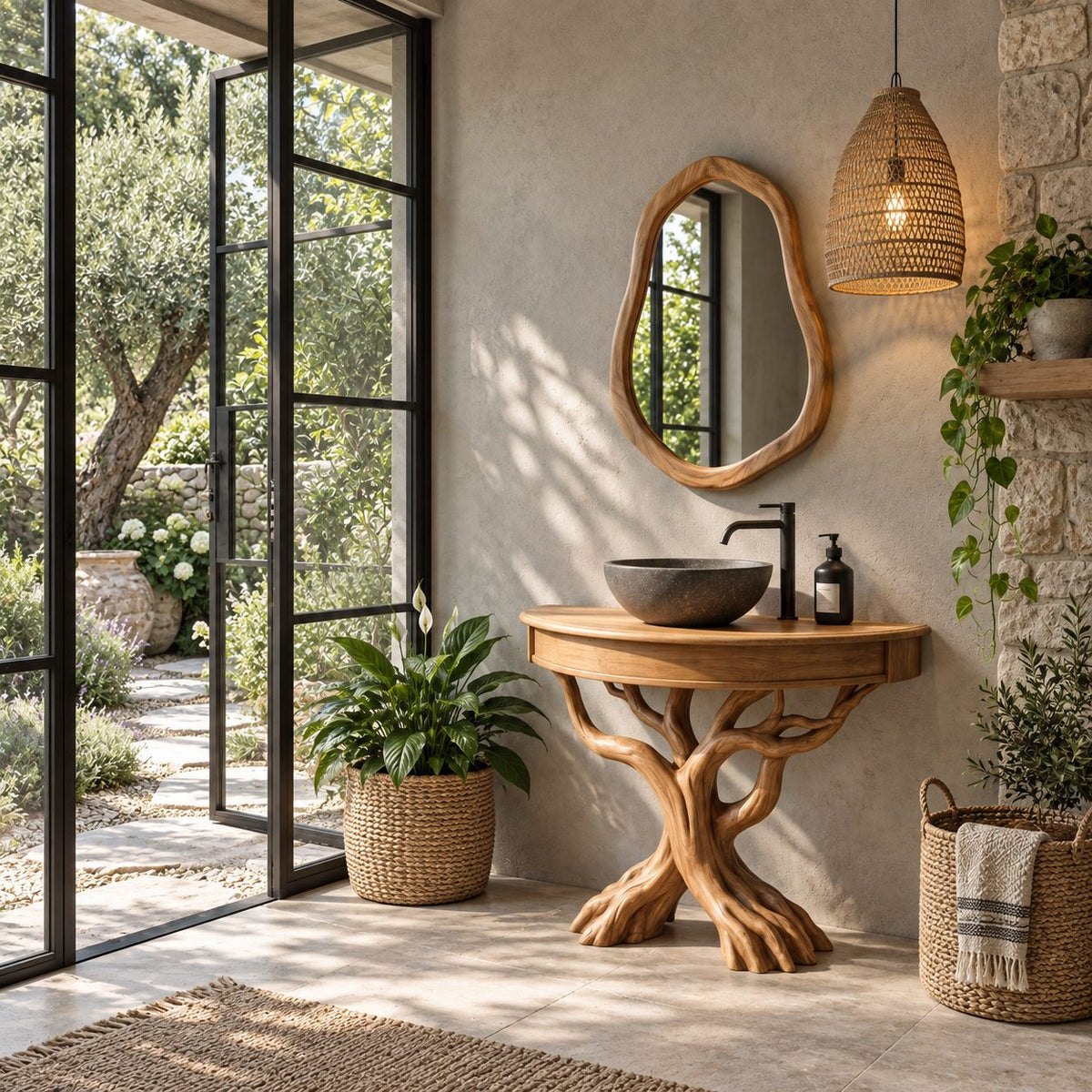 Curved Front Tree Bathroom Vanity 41-47 Inch, Apron Top on Crossed Branch Legs with Root Feet