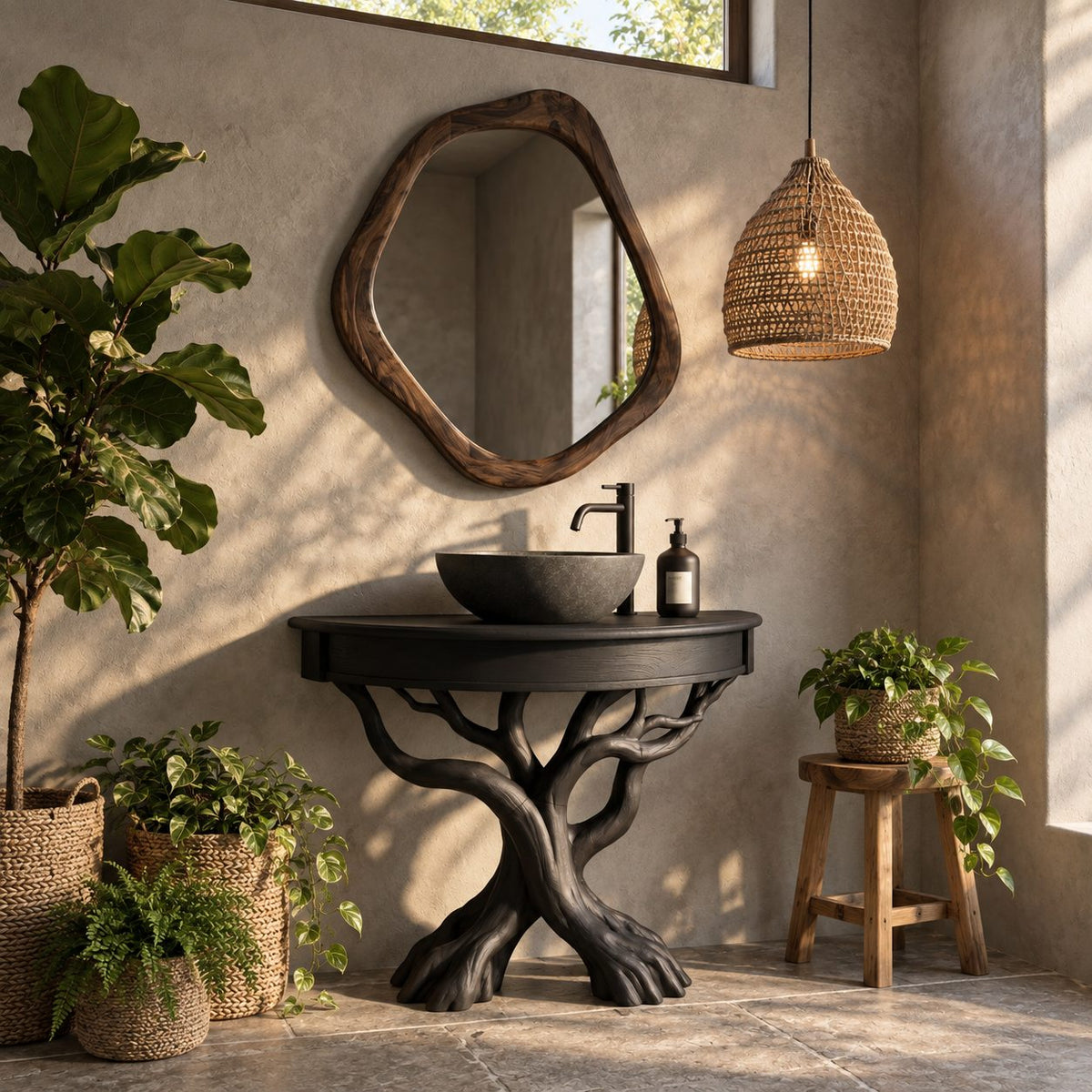 Curved Front Tree Bathroom Vanity 41-47 Inch, Apron Top on Crossed Branch Legs with Root Feet