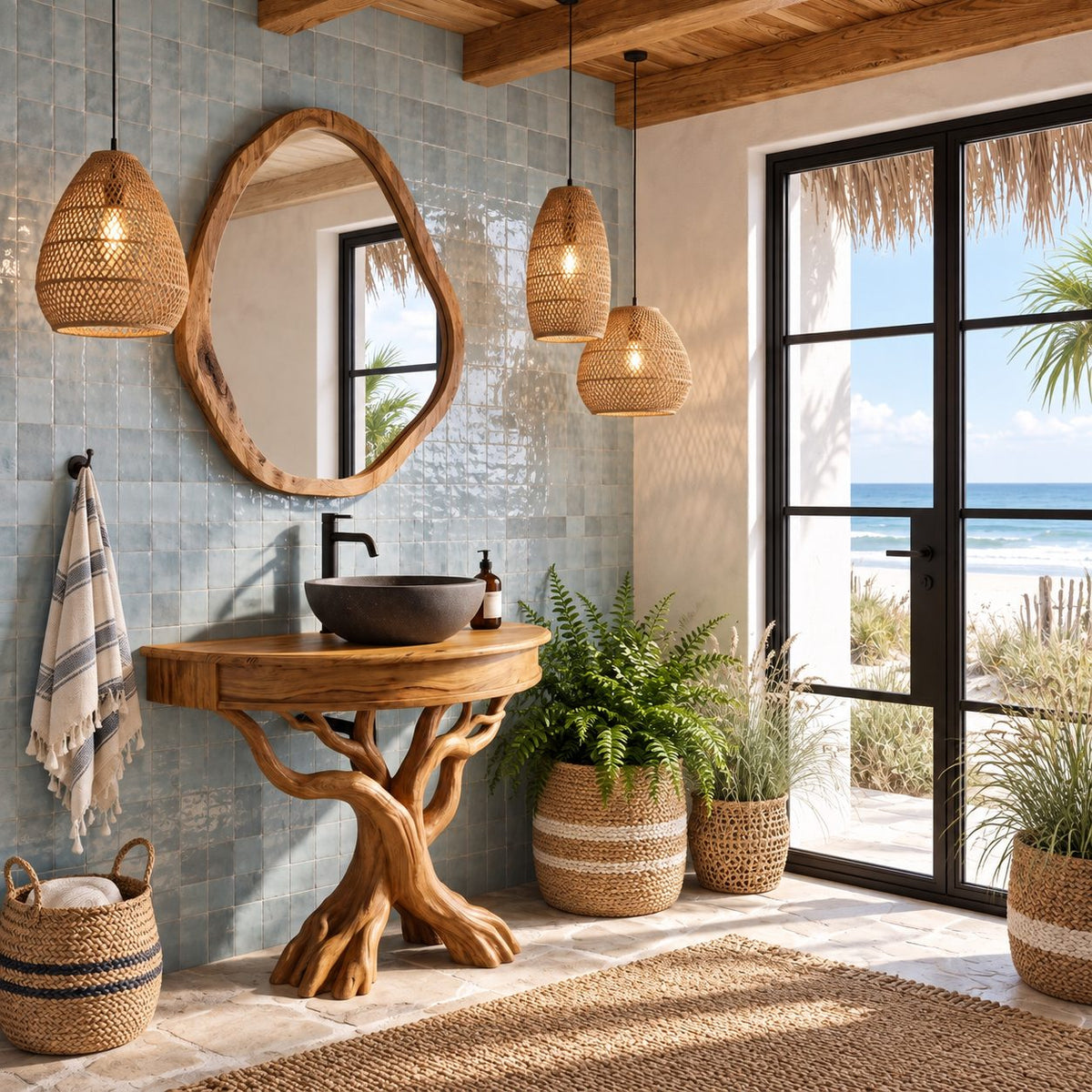 Curved Front Tree Bathroom Vanity 41-47 Inch, Apron Top on Crossed Branch Legs with Root Feet