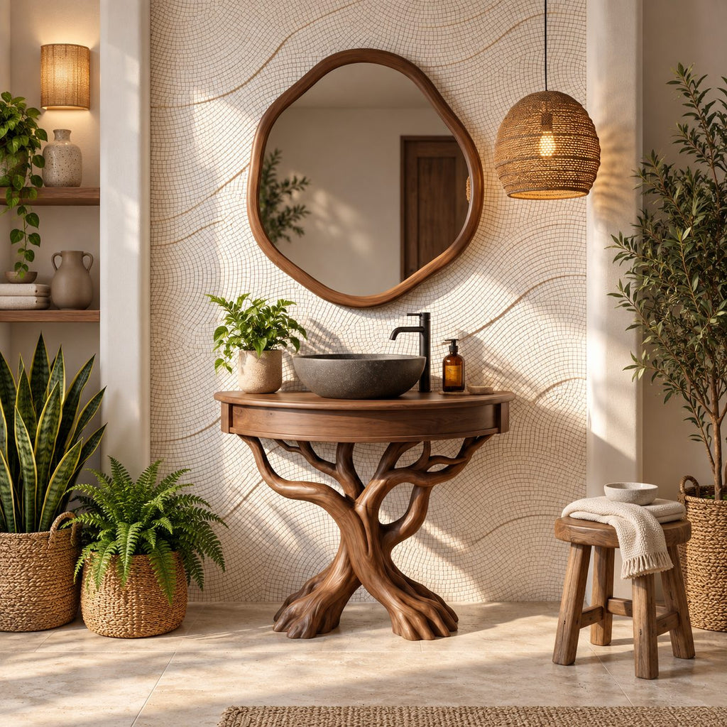 Curved Front Tree Bathroom Vanity 41-47 Inch, Apron Top on Crossed Branch Legs with Root Feet