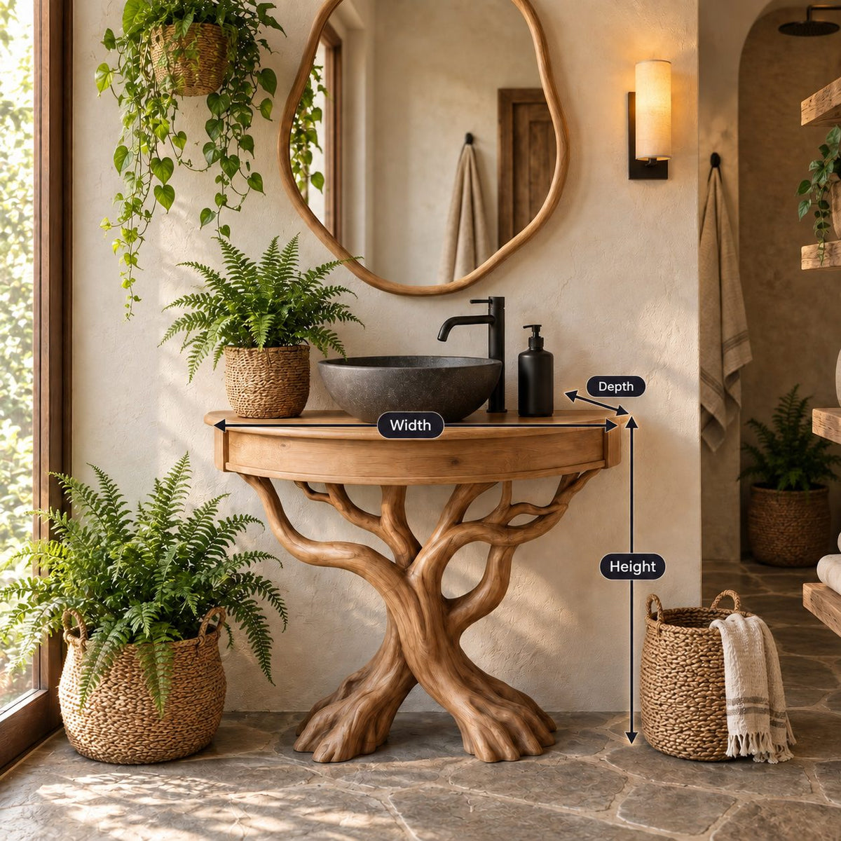 Curved Front Tree Bathroom Vanity 41-47 Inch, Apron Top on Crossed Branch Legs with Root Feet