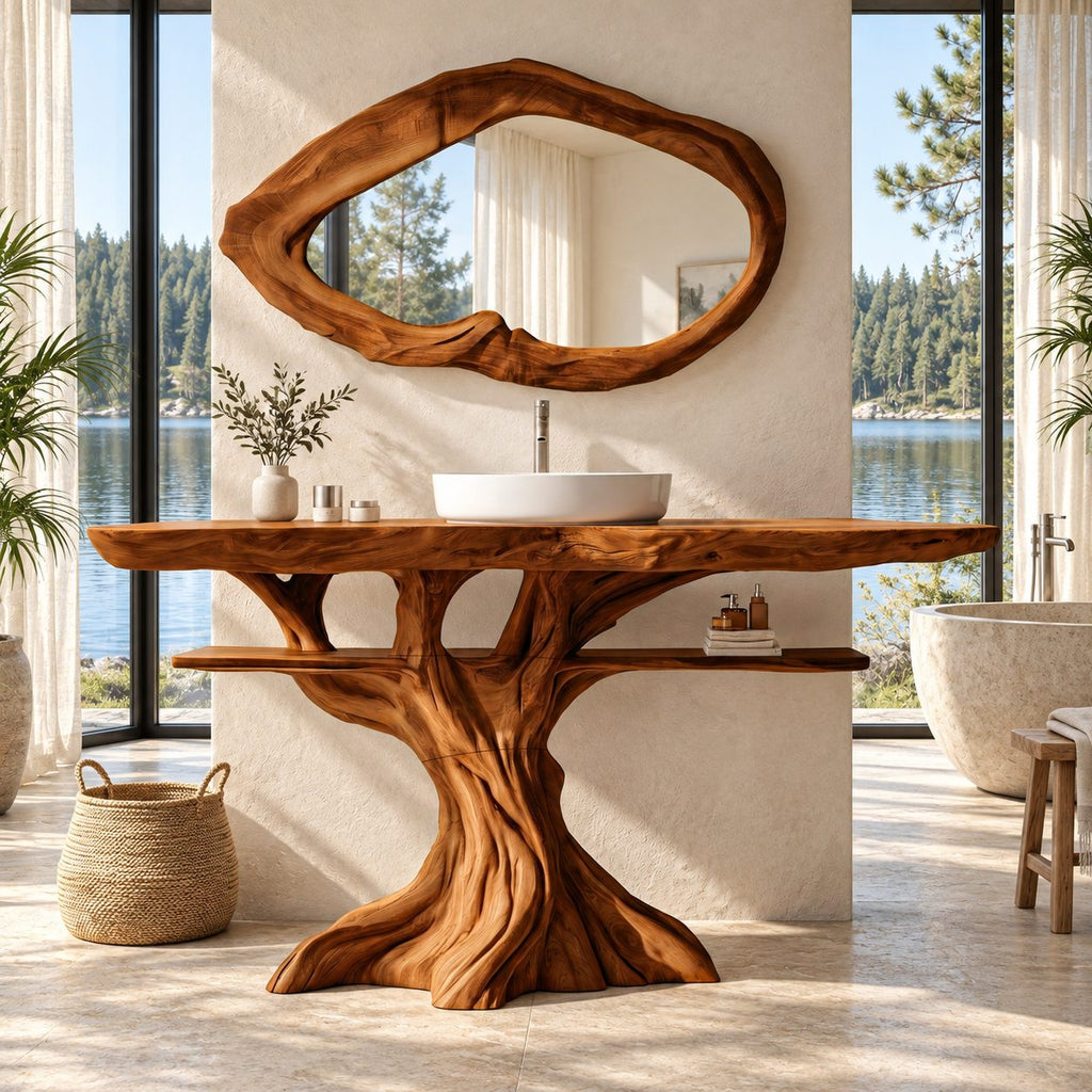 Spreading Tree Bathroom Vanity 40-70 Inch, Wide Trunk Base with a Slim Shelf Through the Branches