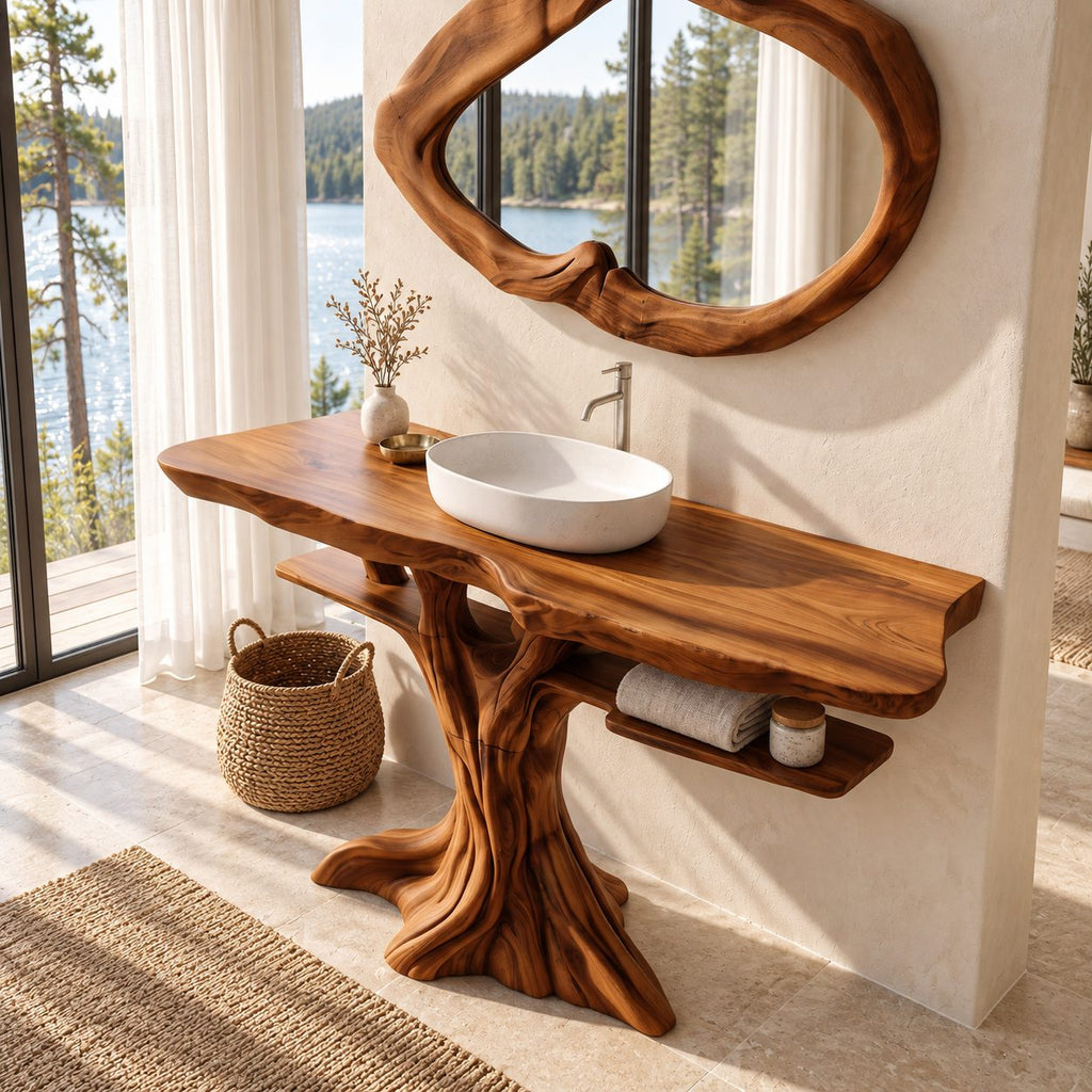 Spreading Tree Bathroom Vanity 40-70 Inch, Wide Trunk Base with a Slim Shelf Through the Branches