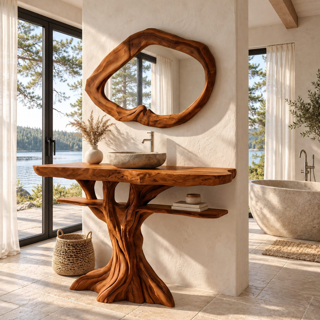 Spreading Tree Bathroom Vanity 40-70 Inch, Wide Trunk Base with a Slim Shelf Through the Branches