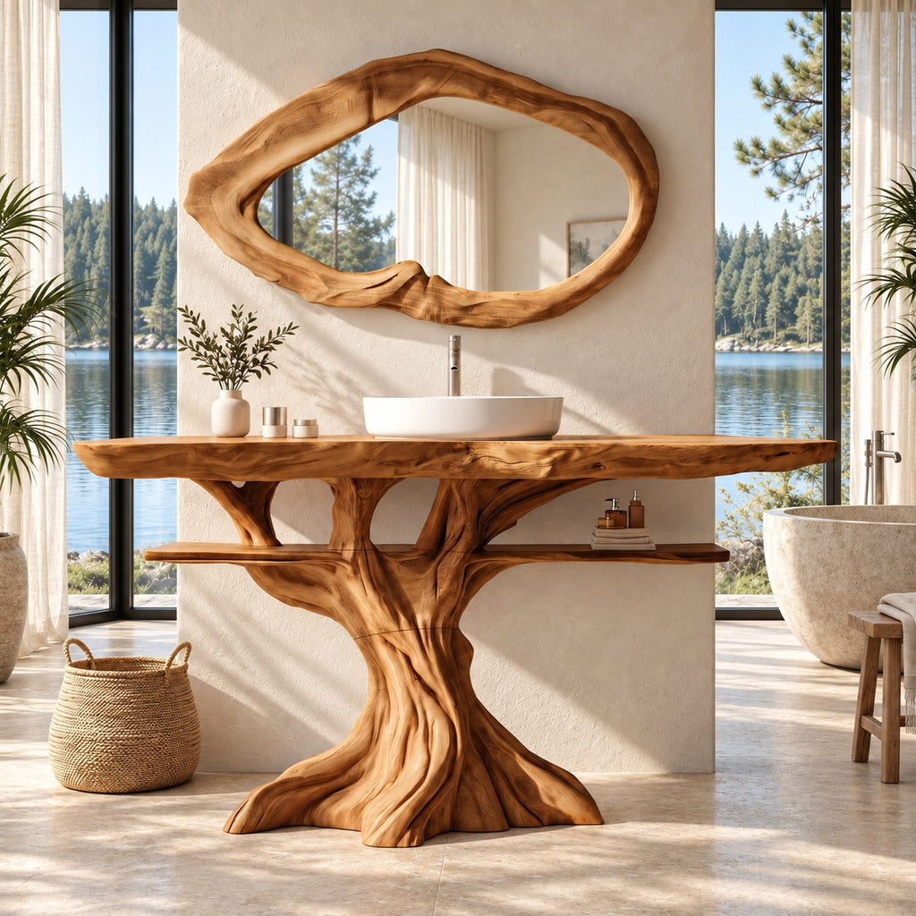 Spreading Tree Bathroom Vanity 40-70 Inch, Wide Trunk Base with a Slim Shelf Through the Branches