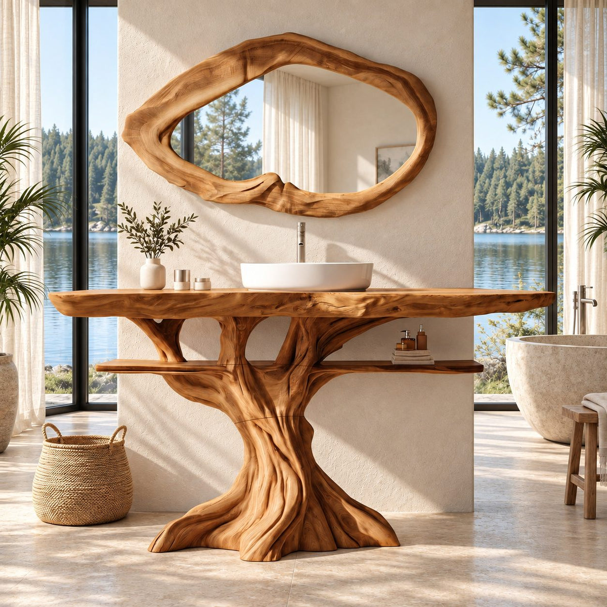 Spreading Tree Bathroom Vanity 40-70 Inch, Wide Trunk Base with a Slim Shelf Through the Branches