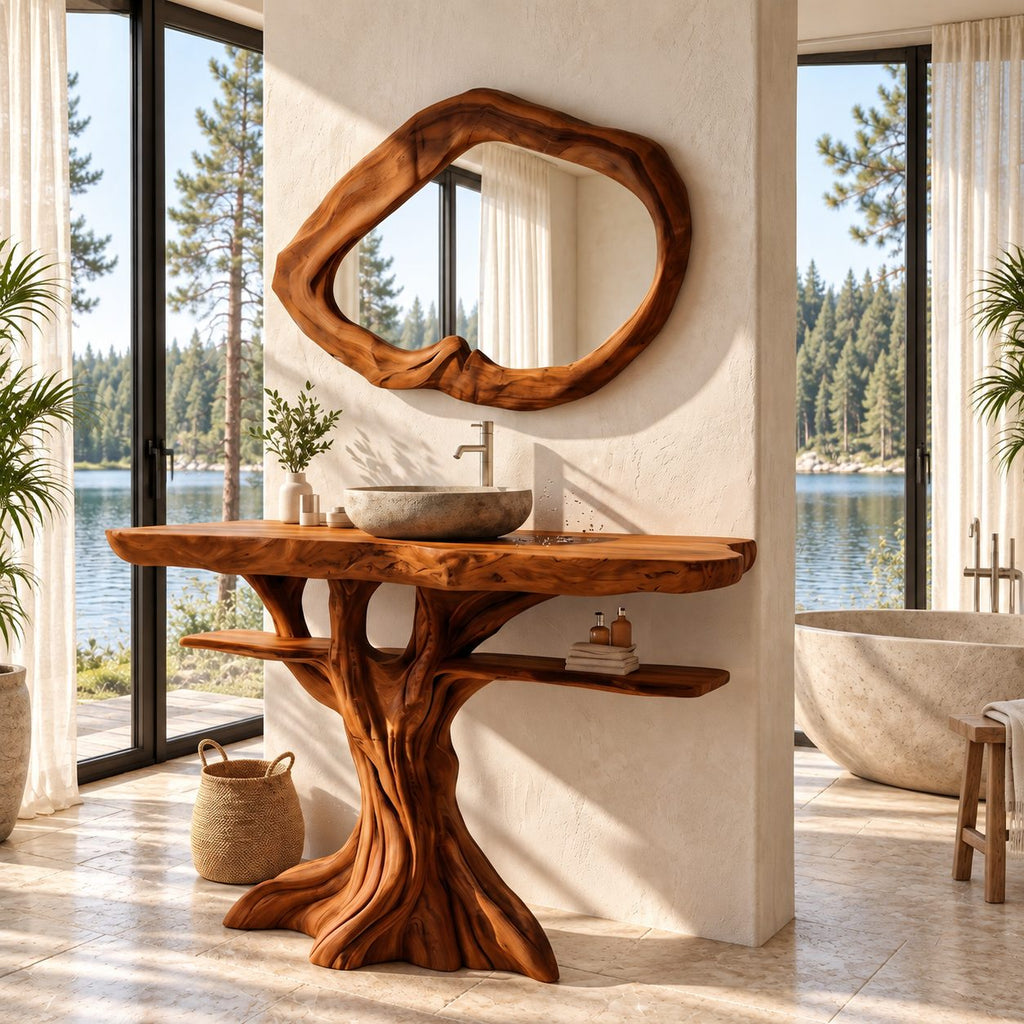 Spreading Tree Bathroom Vanity 40-70 Inch, Wide Trunk Base with a Slim Shelf Through the Branches