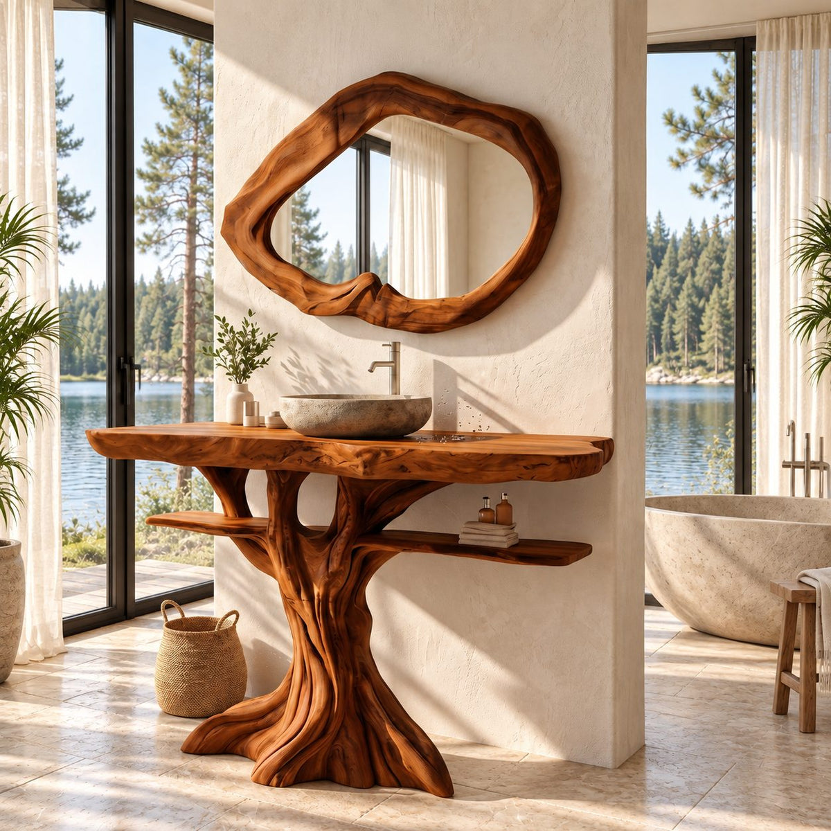 Spreading Tree Bathroom Vanity 40-70 Inch, Wide Trunk Base with a Slim Shelf Through the Branches