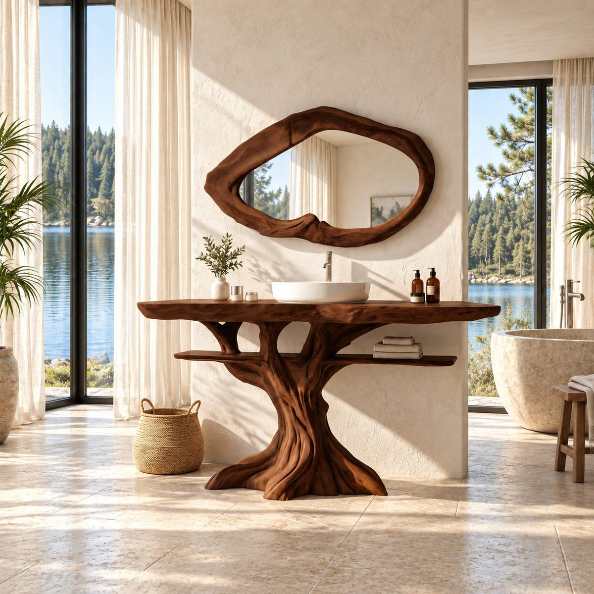Spreading Tree Bathroom Vanity 40-70 Inch, Wide Trunk Base with a Slim Shelf Through the Branches