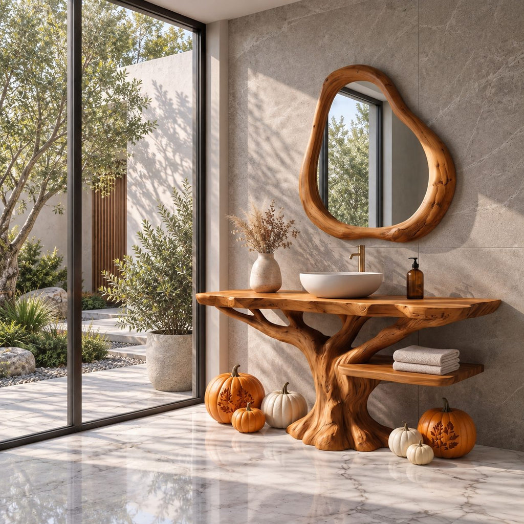 Side Shelf Tree Bathroom Vanity 40-70 Inch, Branching Trunk Base with a Low Live Edge Shelf to One Side