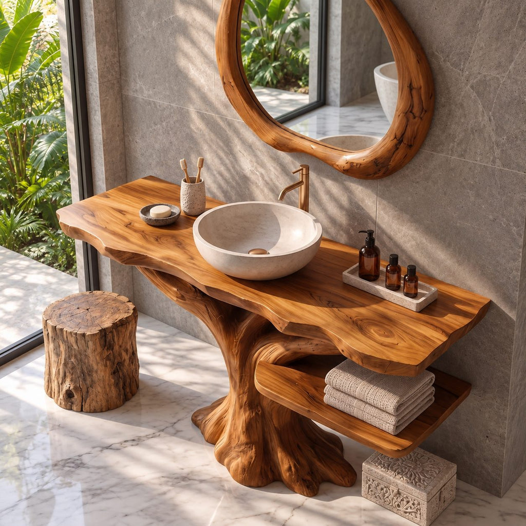 Side Shelf Tree Bathroom Vanity 40-70 Inch, Branching Trunk Base with a Low Live Edge Shelf to One Side