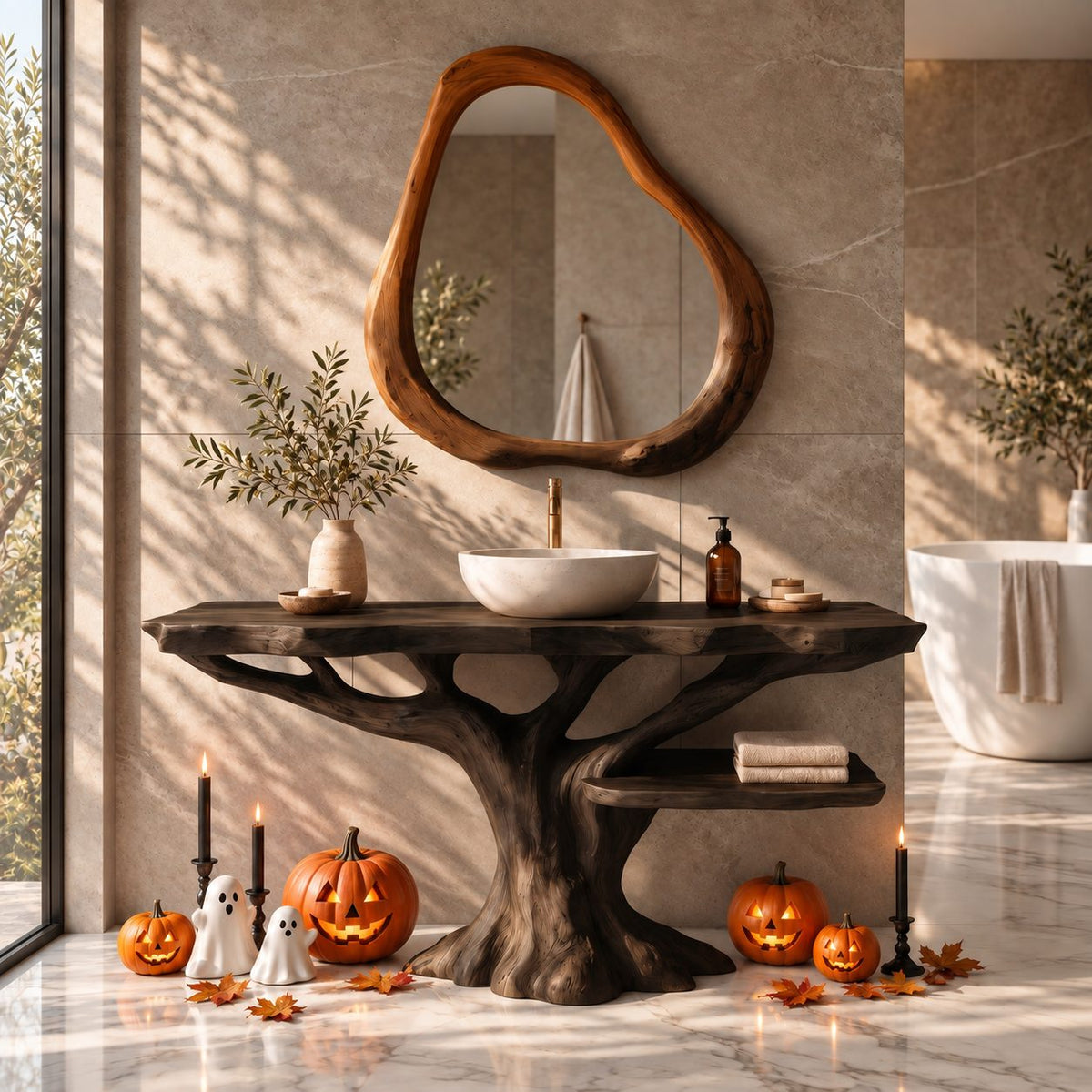 Side Shelf Tree Bathroom Vanity 40-70 Inch, Branching Trunk Base with a Low Live Edge Shelf to One Side