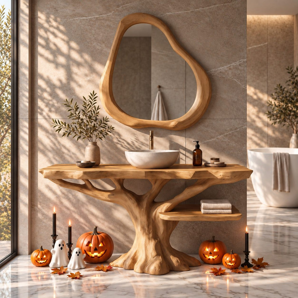 Side Shelf Tree Bathroom Vanity 40-70 Inch, Branching Trunk Base with a Low Live Edge Shelf to One Side