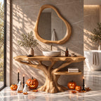Side Shelf Tree Bathroom Vanity 40-70 Inch, Branching Trunk Base with a Low Live Edge Shelf to One Side