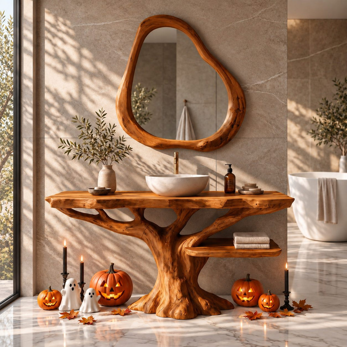 Side Shelf Tree Bathroom Vanity 40-70 Inch, Branching Trunk Base with a Low Live Edge Shelf to One Side
