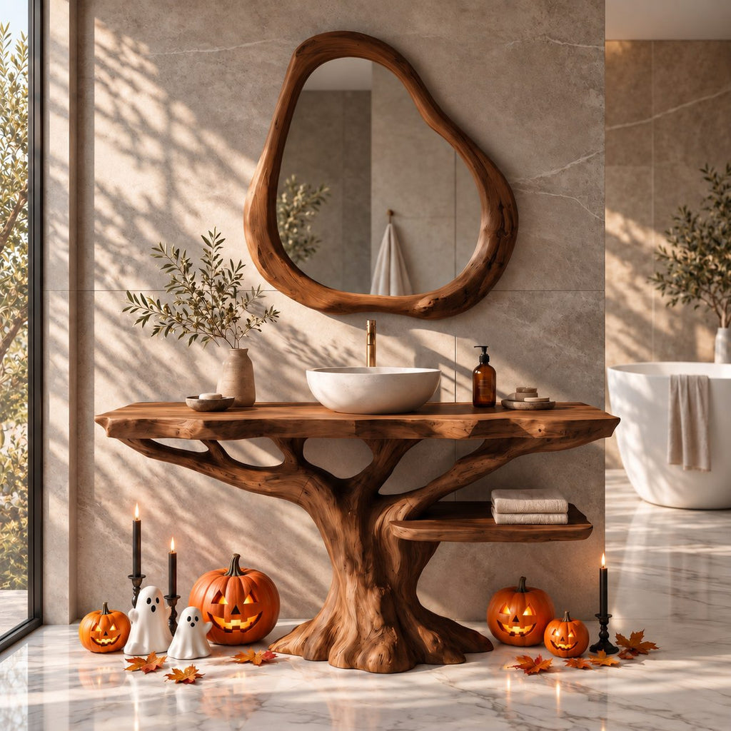 Side Shelf Tree Bathroom Vanity 40-70 Inch, Branching Trunk Base with a Low Live Edge Shelf to One Side