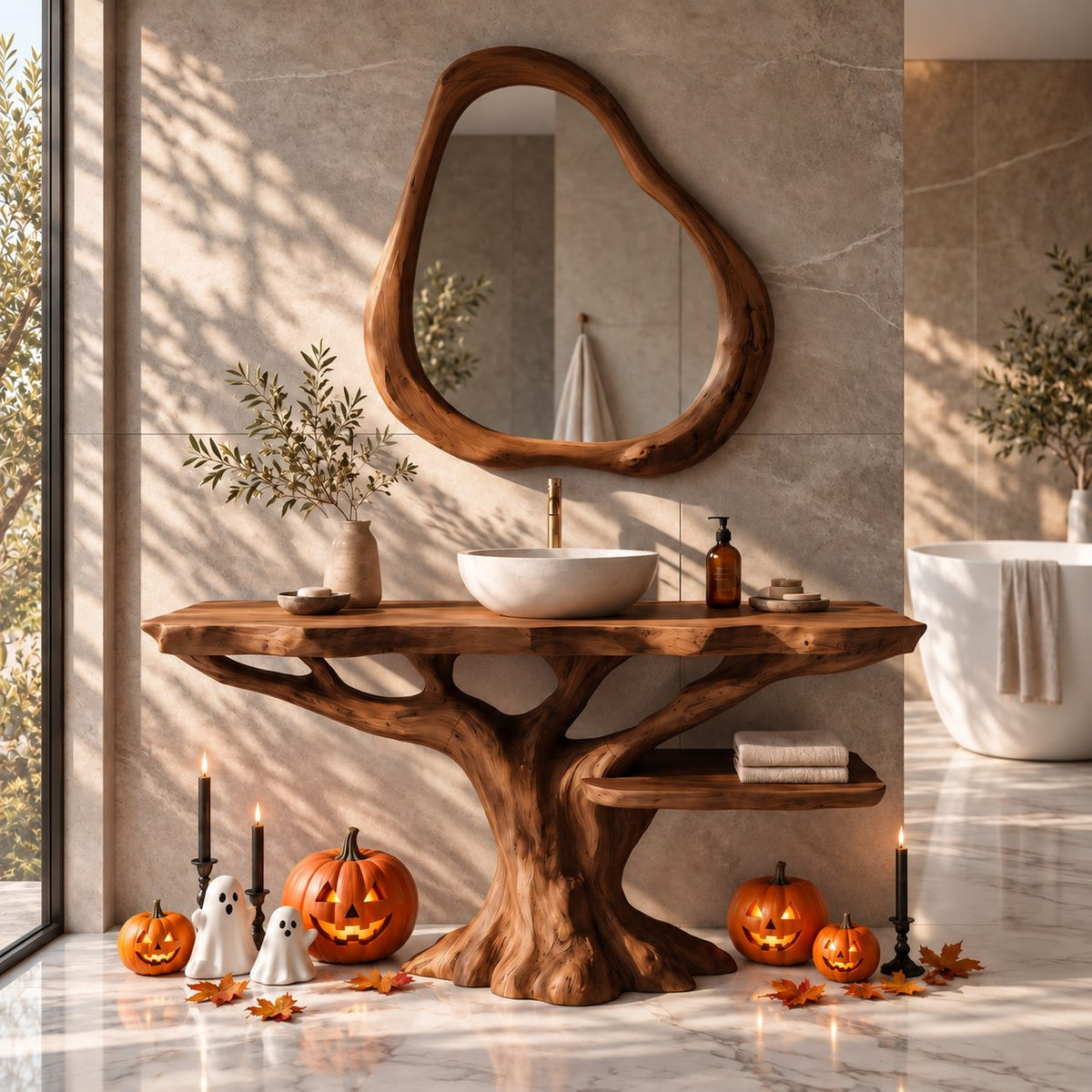 Side Shelf Tree Bathroom Vanity 40-70 Inch, Branching Trunk Base with a Low Live Edge Shelf to One Side