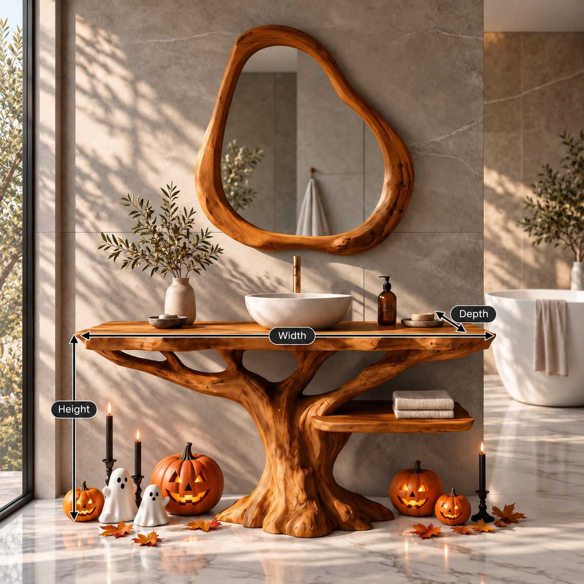 Side Shelf Tree Bathroom Vanity 40-70 Inch, Branching Trunk Base with a Low Live Edge Shelf to One Side