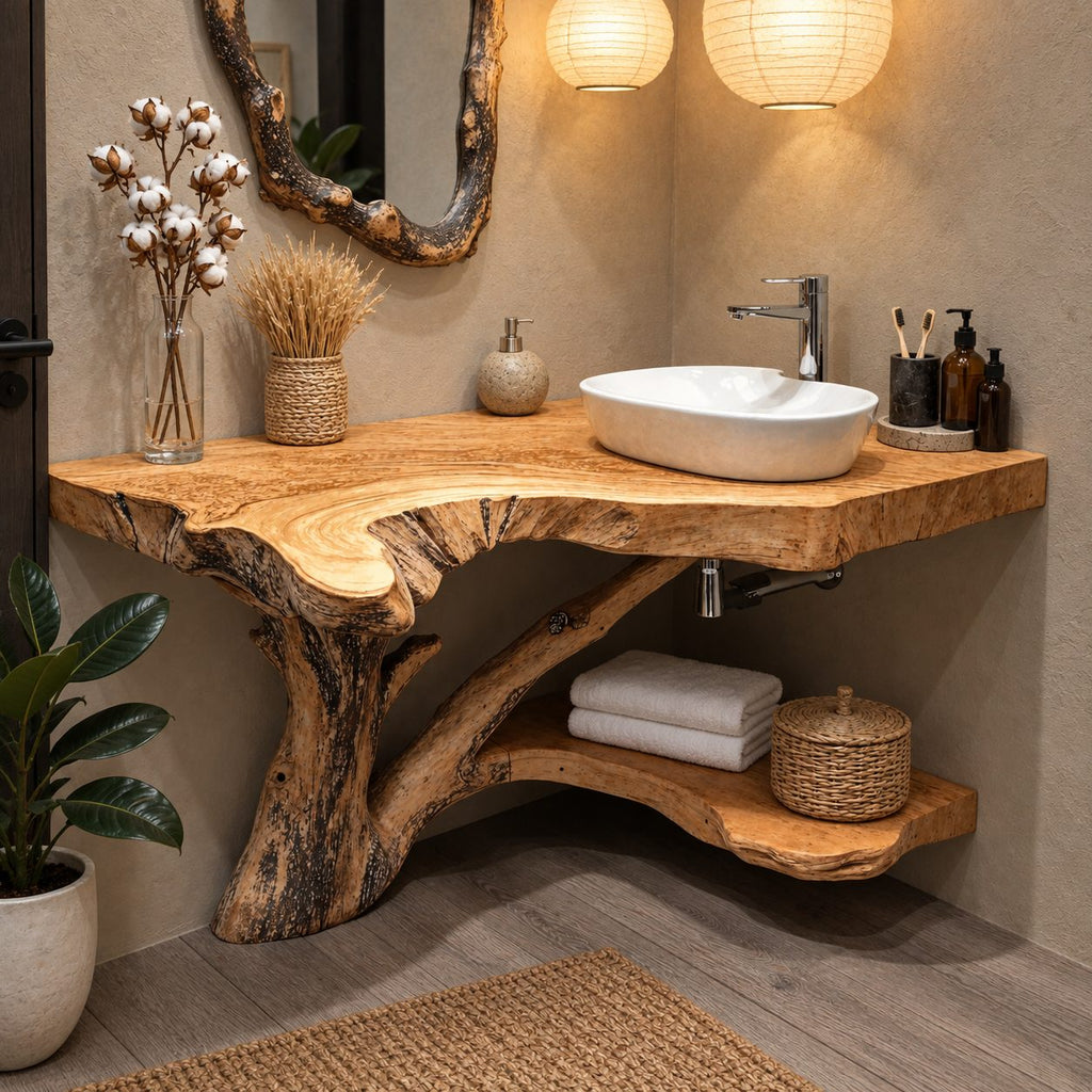 Tree Trunk Corner Bathroom Vanity 20-46 Inch, Bark Edged Live Edge Top with a Lower Corner Shelf