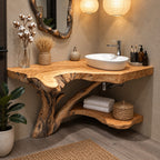 Tree Trunk Corner Bathroom Vanity 20-46 Inch, Bark Edged Live Edge Top with a Lower Corner Shelf