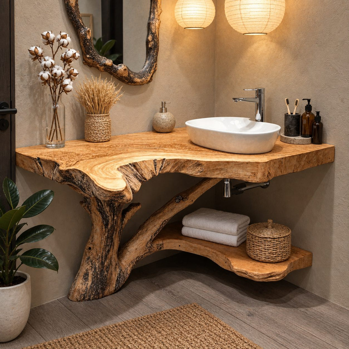Tree Trunk Corner Bathroom Vanity 20-46 Inch, Bark Edged Live Edge Top with a Lower Corner Shelf