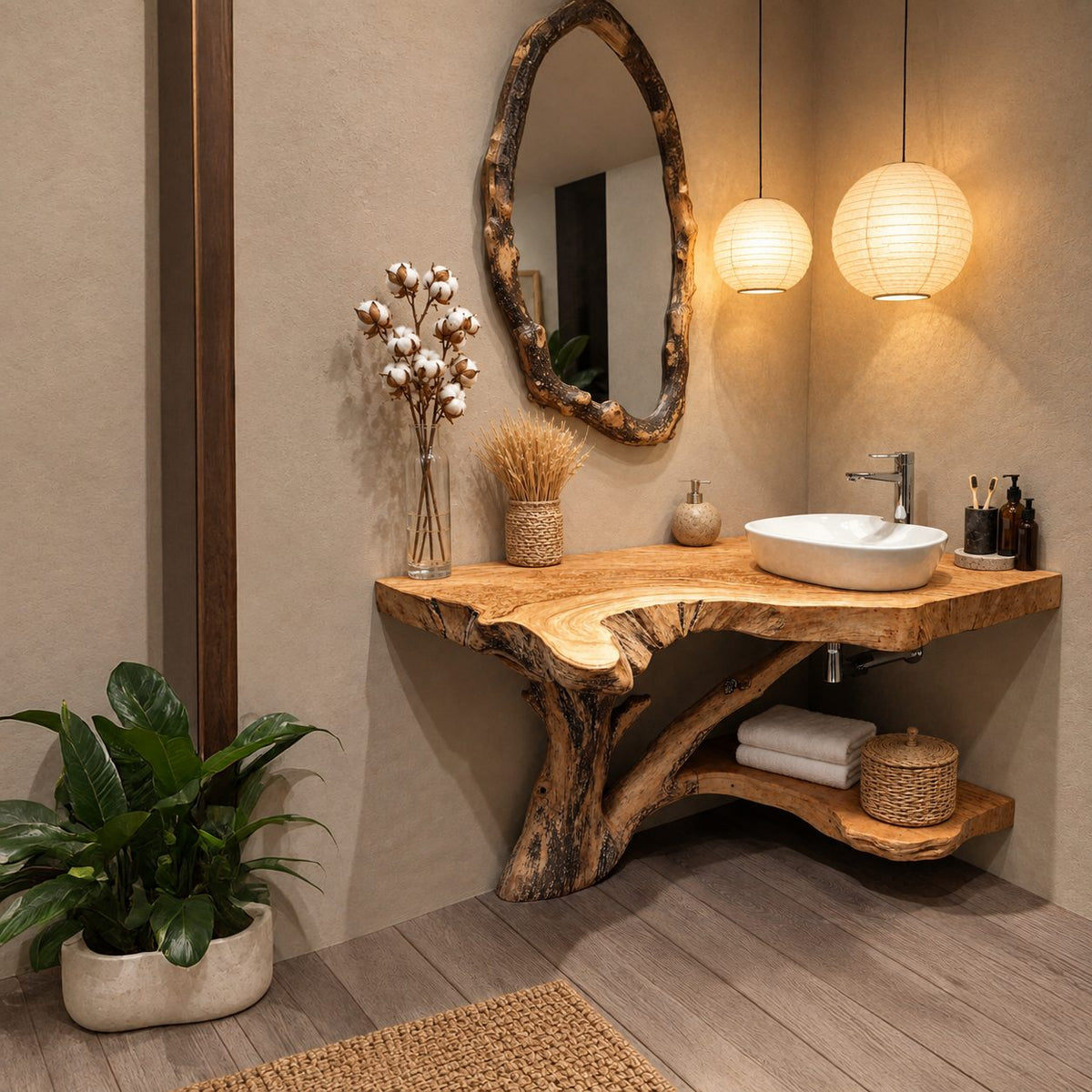 Tree Trunk Corner Bathroom Vanity 20-46 Inch, Bark Edged Live Edge Top with a Lower Corner Shelf