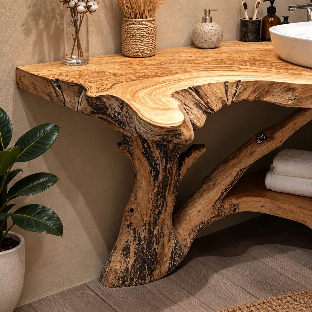 Tree Trunk Corner Bathroom Vanity 20-46 Inch, Bark Edged Live Edge Top with a Lower Corner Shelf