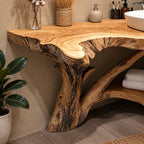 Tree Trunk Corner Bathroom Vanity 20-46 Inch, Bark Edged Live Edge Top with a Lower Corner Shelf
