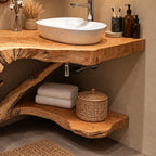 Tree Trunk Corner Bathroom Vanity 20-46 Inch, Bark Edged Live Edge Top with a Lower Corner Shelf