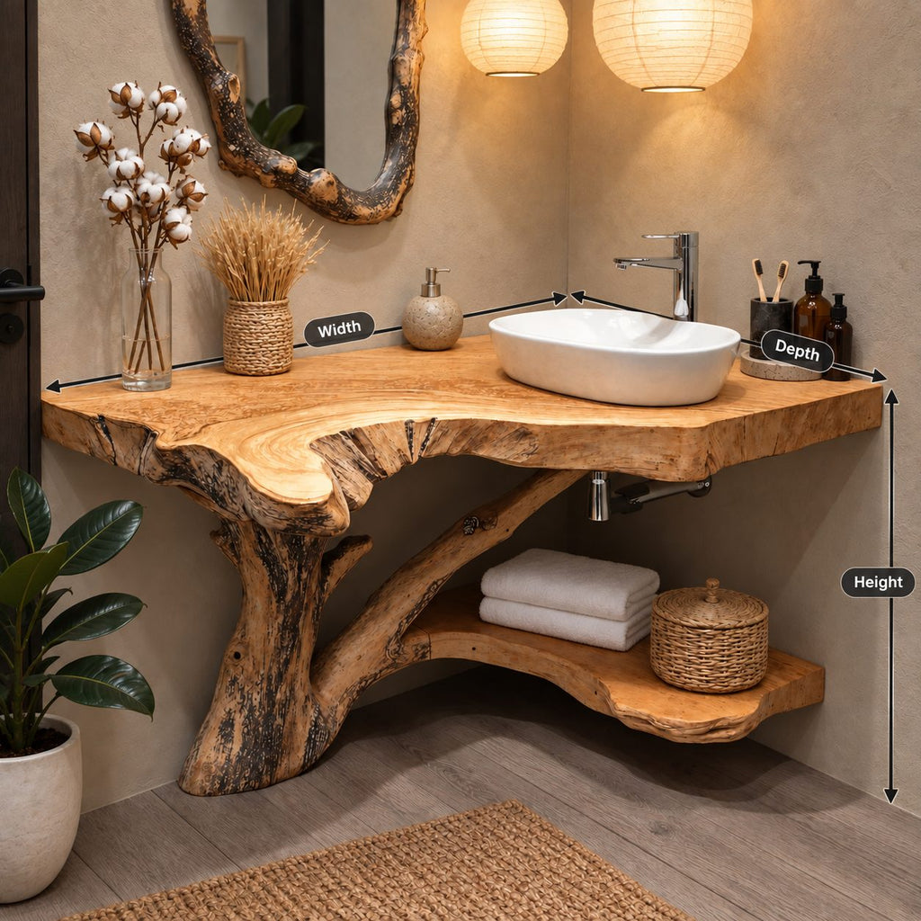 Tree Trunk Corner Bathroom Vanity 20-46 Inch, Bark Edged Live Edge Top with a Lower Corner Shelf