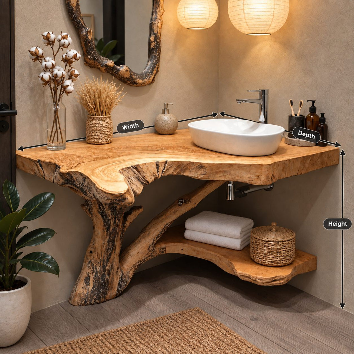 Tree Trunk Corner Bathroom Vanity 20-46 Inch, Bark Edged Live Edge Top with a Lower Corner Shelf