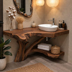 Tree Trunk Corner Bathroom Vanity 20-46 Inch, Bark Edged Live Edge Top with a Lower Corner Shelf