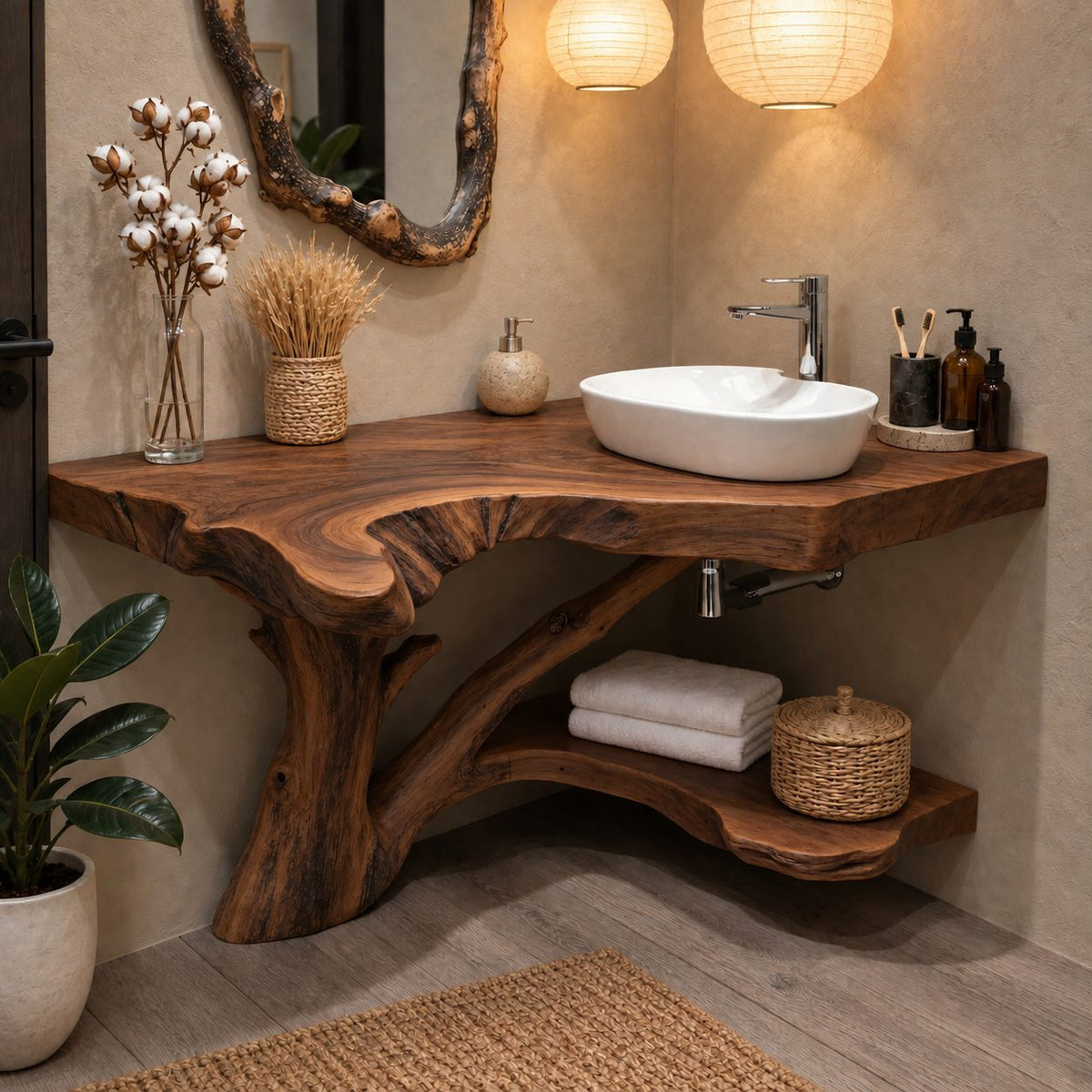 Tree Trunk Corner Bathroom Vanity 20-46 Inch, Bark Edged Live Edge Top with a Lower Corner Shelf