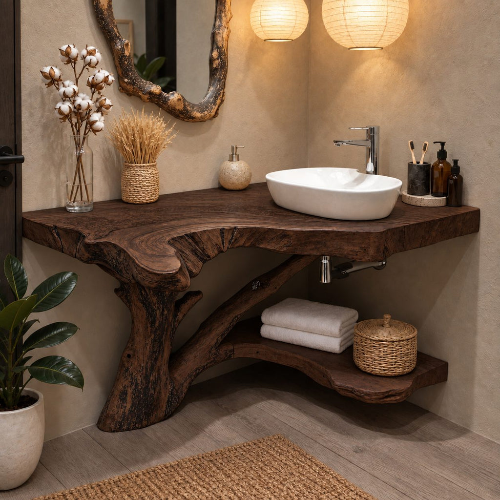 Tree Trunk Corner Bathroom Vanity 20-46 Inch, Bark Edged Live Edge Top with a Lower Corner Shelf