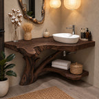 Tree Trunk Corner Bathroom Vanity 20-46 Inch, Bark Edged Live Edge Top with a Lower Corner Shelf