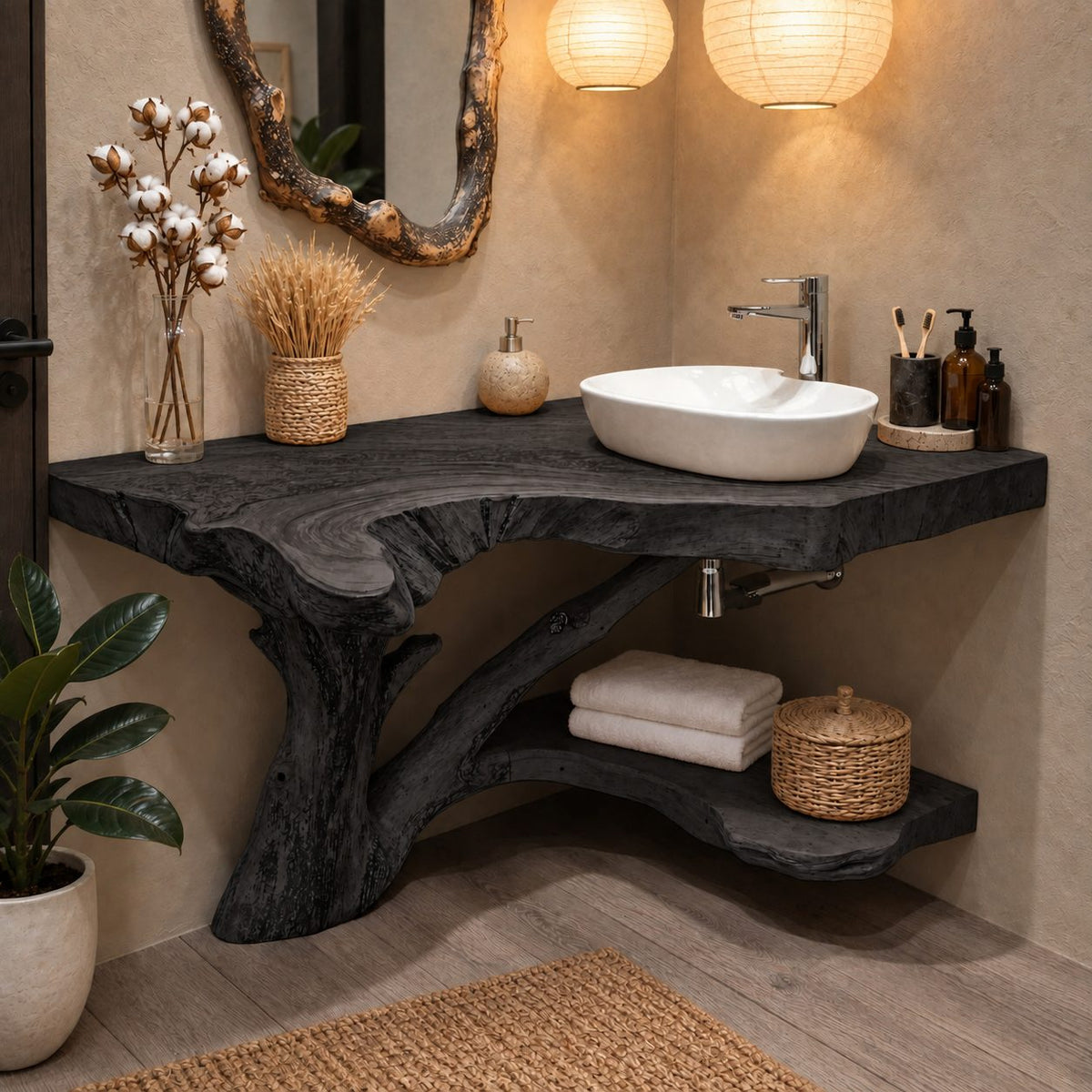 Tree Trunk Corner Bathroom Vanity 20-46 Inch, Bark Edged Live Edge Top with a Lower Corner Shelf