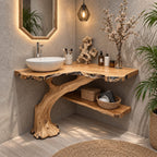 Curved Trunk Corner Bathroom Vanity 20-46 Inch, Live Edge Top with a Lower Storage Shelf
