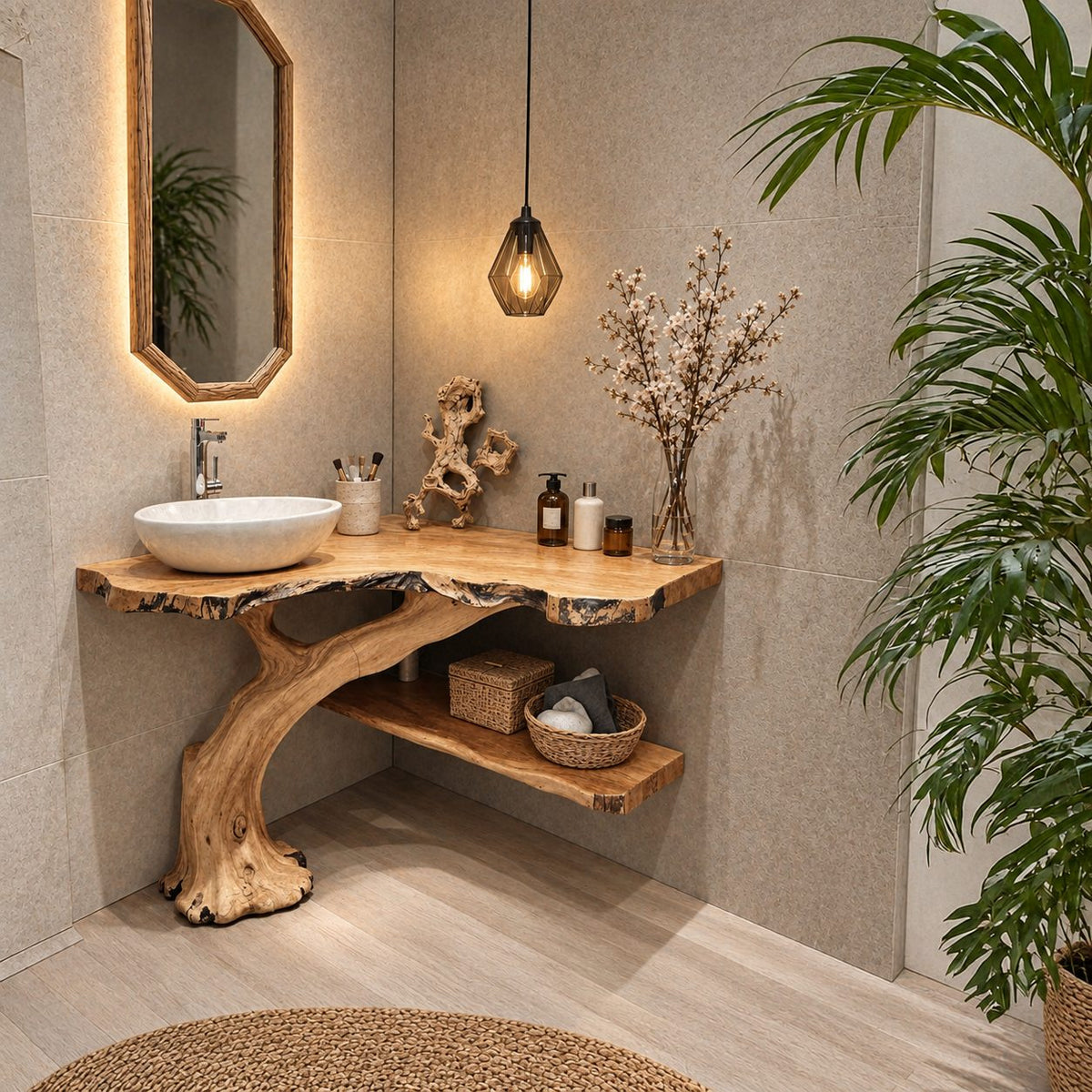 Curved Trunk Corner Bathroom Vanity 20-46 Inch, Live Edge Top with a Lower Storage Shelf