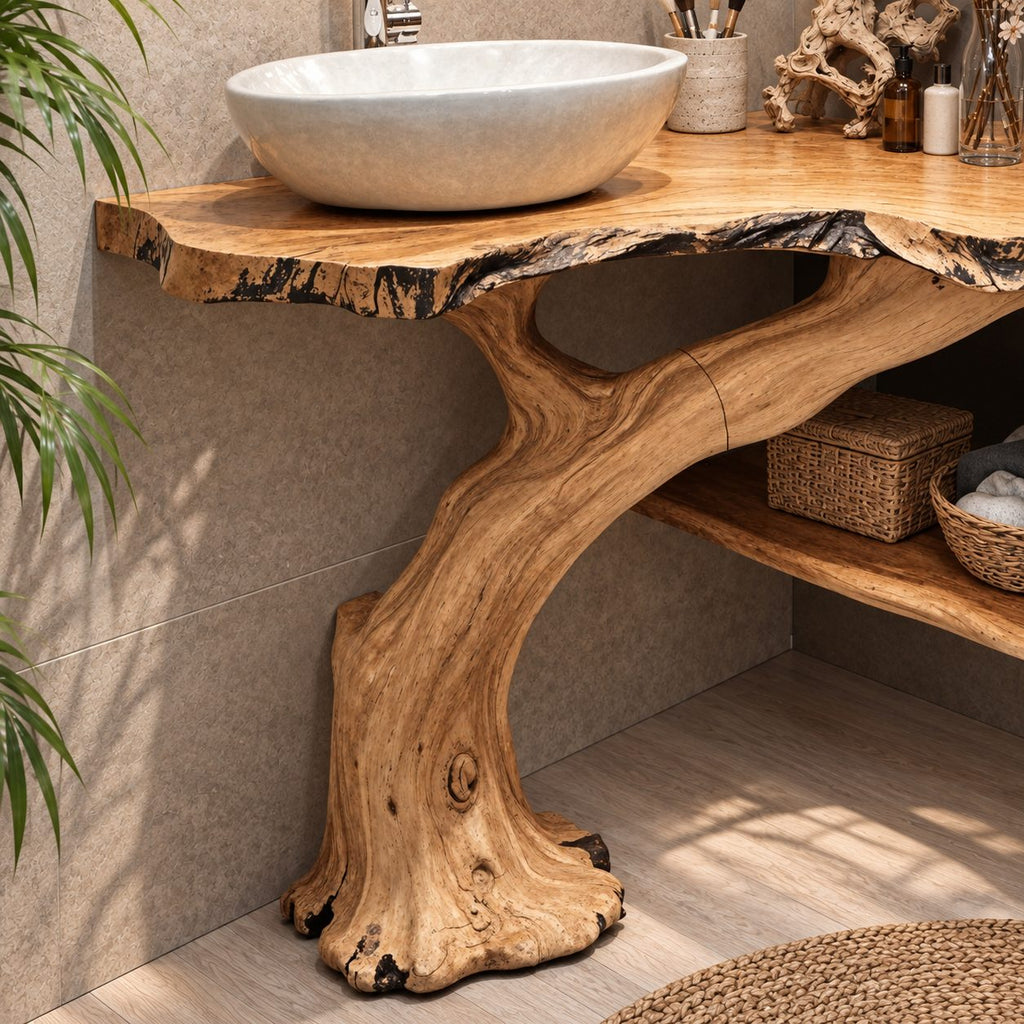 Curved Trunk Corner Bathroom Vanity 20-46 Inch, Live Edge Top with a Lower Storage Shelf