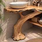 Curved Trunk Corner Bathroom Vanity 20-46 Inch, Live Edge Top with a Lower Storage Shelf