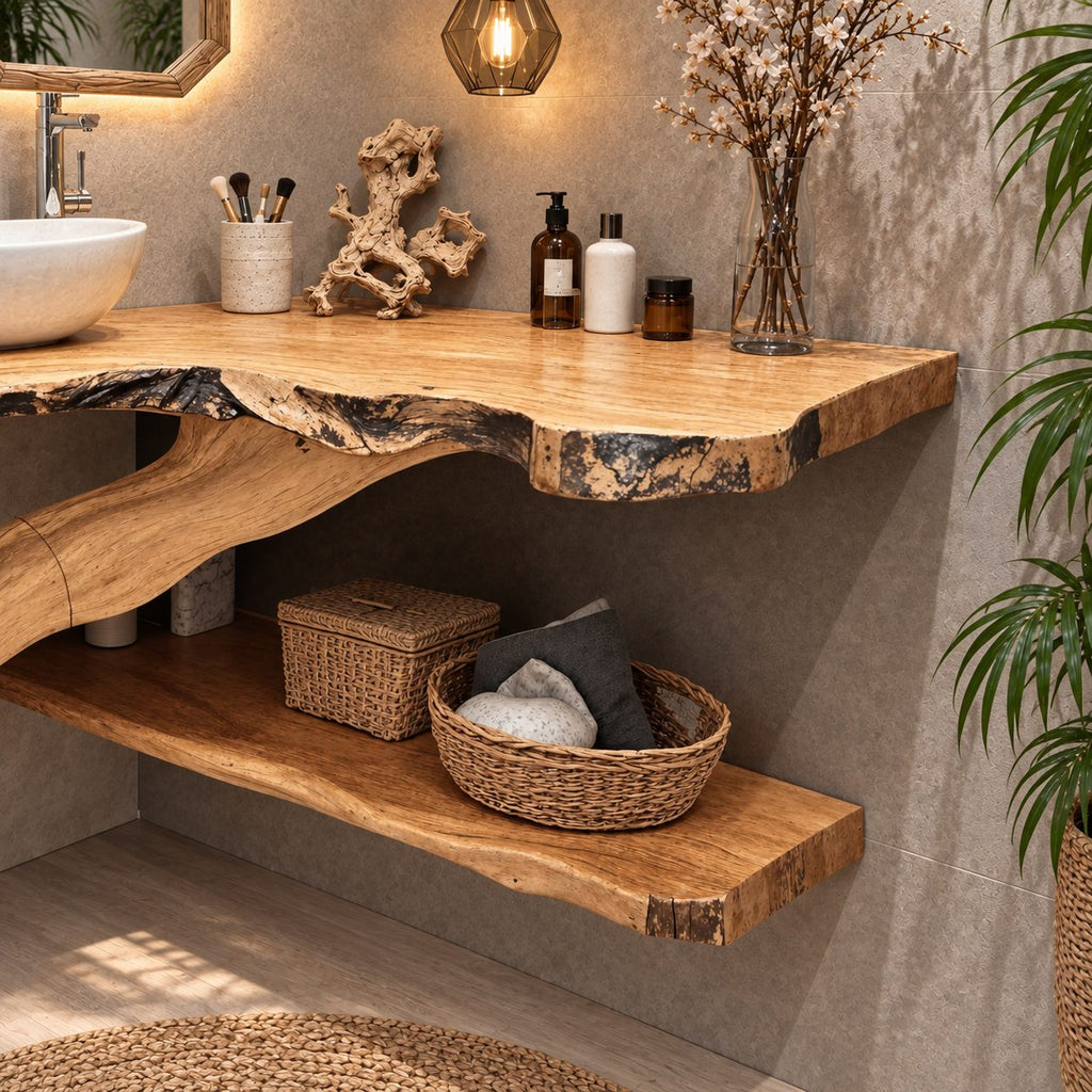 Curved Trunk Corner Bathroom Vanity 20-46 Inch, Live Edge Top with a Lower Storage Shelf