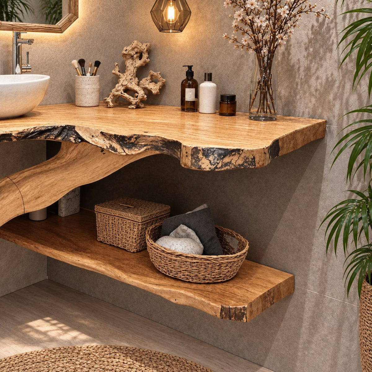 Curved Trunk Corner Bathroom Vanity 20-46 Inch, Live Edge Top with a Lower Storage Shelf