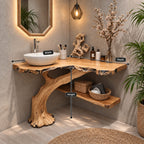 Curved Trunk Corner Bathroom Vanity 20-46 Inch, Live Edge Top with a Lower Storage Shelf