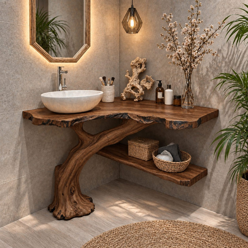 Curved Trunk Corner Bathroom Vanity 20-46 Inch, Live Edge Top with a Lower Storage Shelf