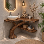 Curved Trunk Corner Bathroom Vanity 20-46 Inch, Live Edge Top with a Lower Storage Shelf